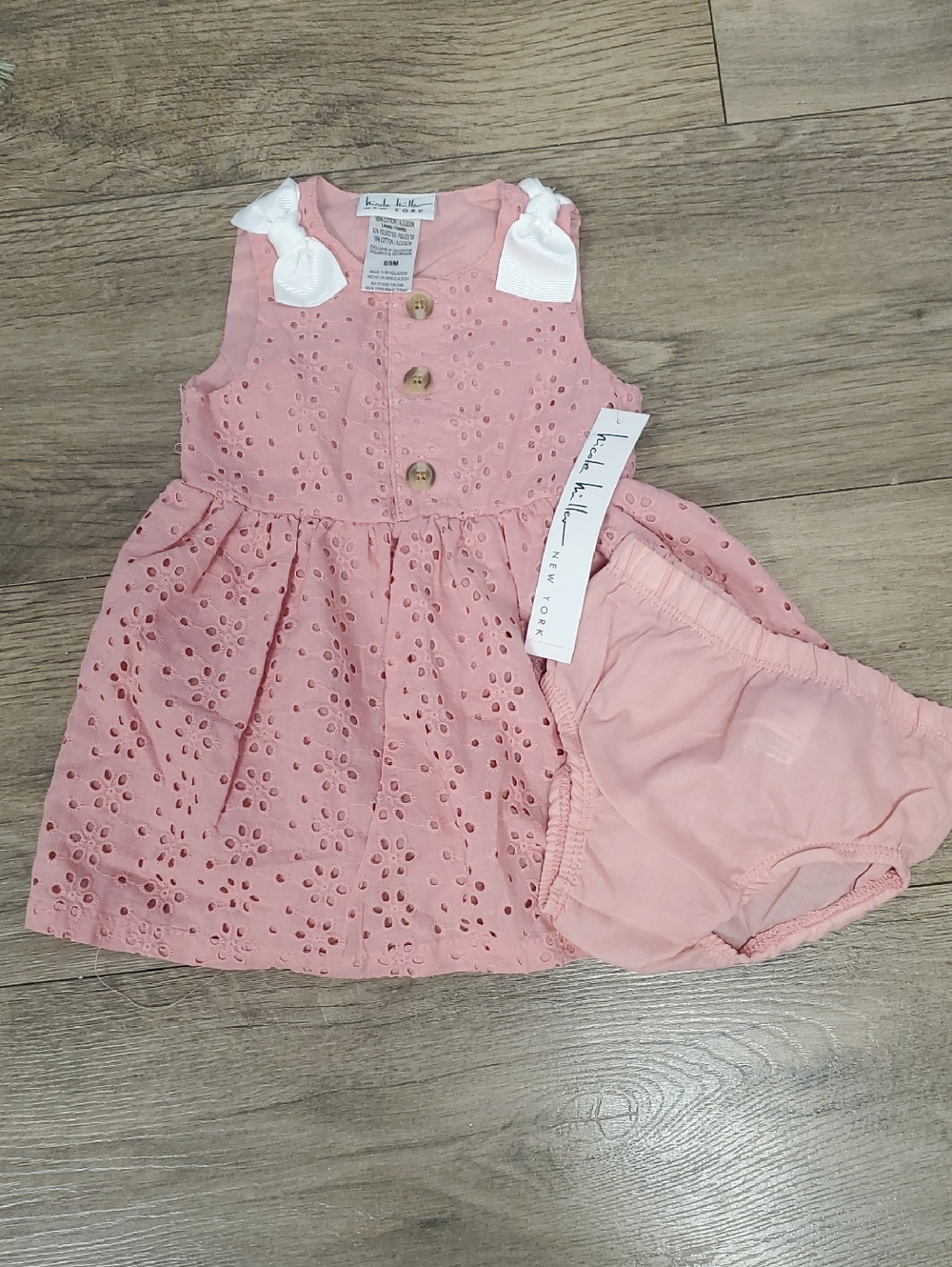 NWT Nicole Miller Pink Eyelet Dress with White Bow Accents and Bloomers